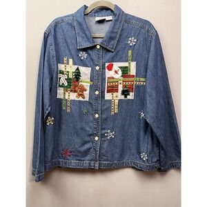 Carolina Plus Blues Denim Shirt Womens‎ 14/16 Blue Christmas Embroidery Holiday